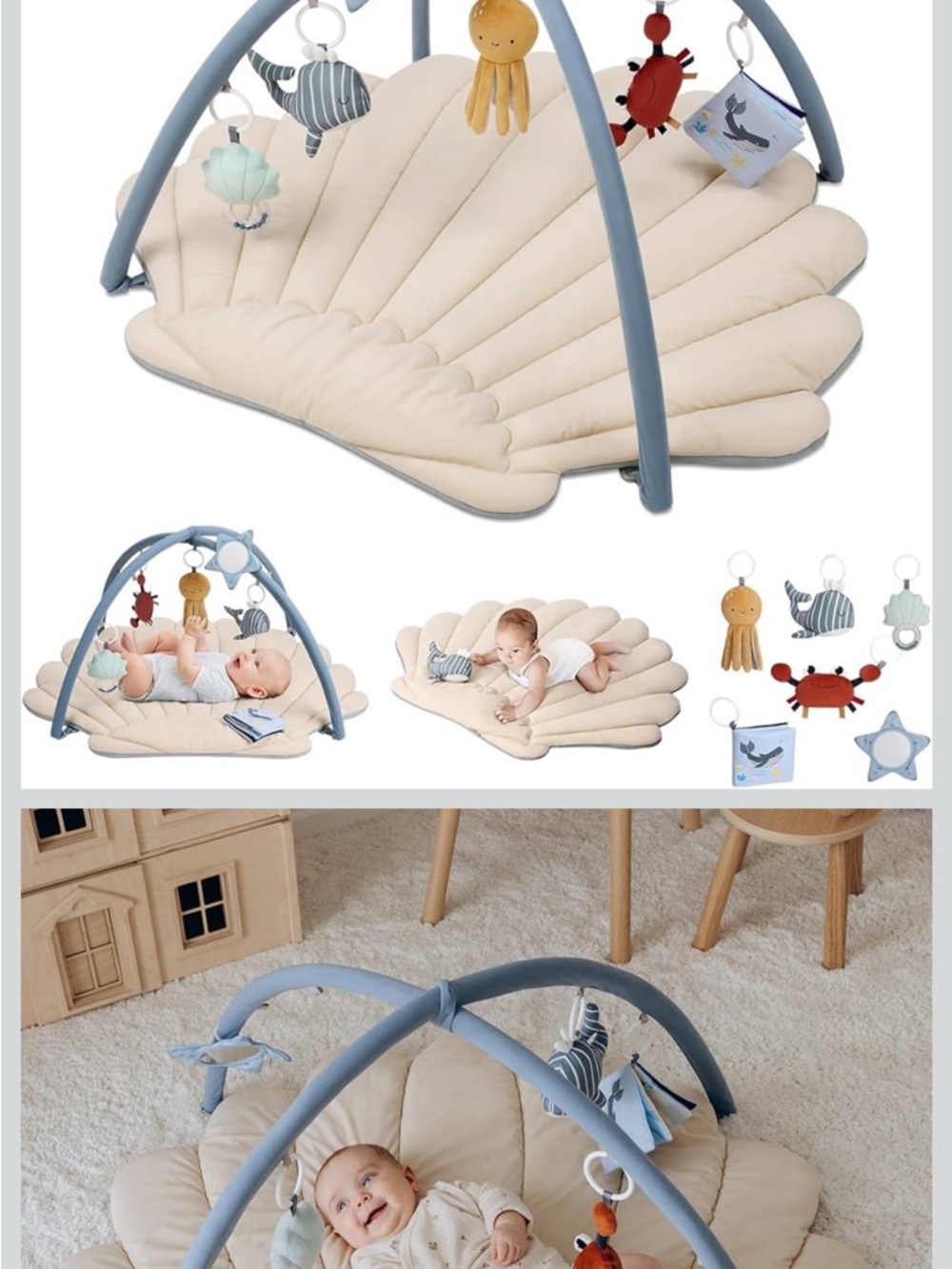 Shell-Shaped Baby Play Mat with Overhead Toy Arch - Cream & Blue